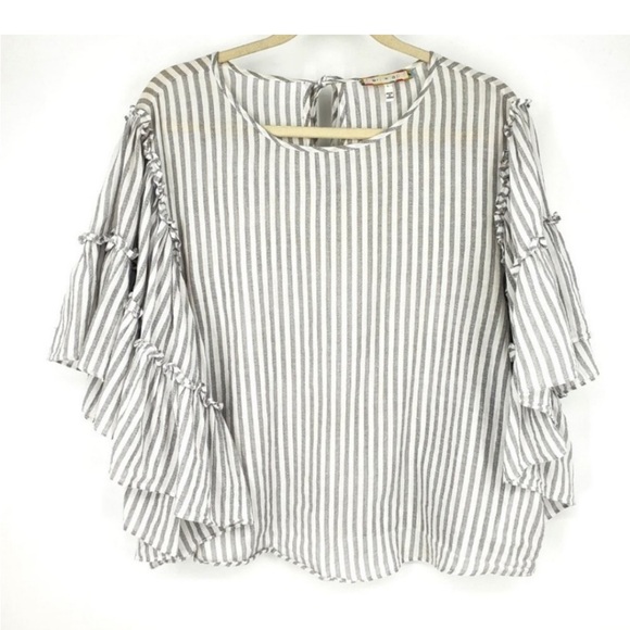ANTHROPOLOGY ERI +ALI XS Jacqui Grey White Striped Ruffle Sleeve Cotton Top - Picture 1 of 12